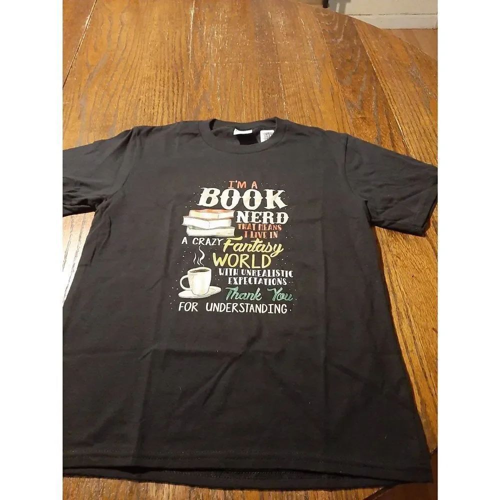 New Medium Youth Short Sleeve Crew Neck Cotton Book Nerd Tee T-Shirt Top NWT